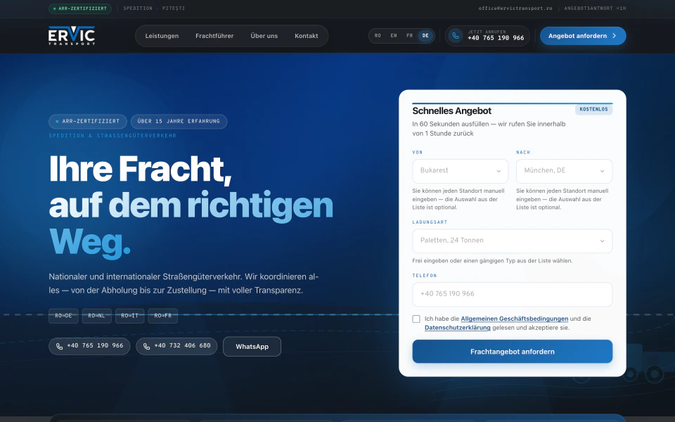 Ansichten der Live-Website: Ervic Transport